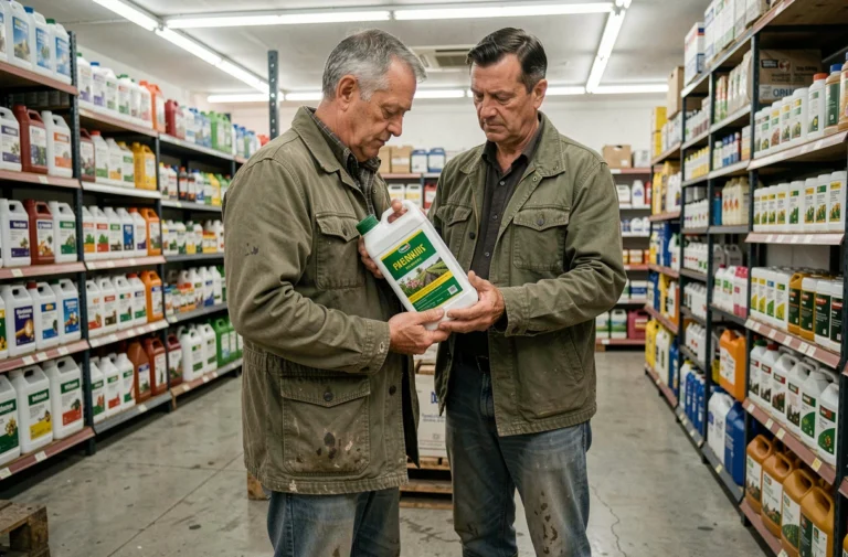 Agriculteur portugais lisant l'étiquette d'un herbicide à base de glyphosate 360 dans un magasin d'approvisionnement agricole