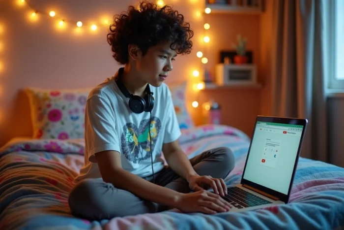 Adolescent créant un raccourci Google et YouTube sur le bureau depuis un navigateur Chrome sur ordinateur portable
