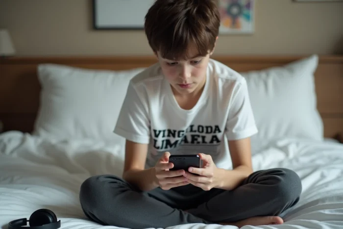 Adolescent téléchargeant une vidéo YouTube en format MP4 depuis son smartphone allongé sur son lit