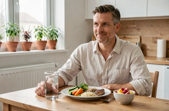 Homme prenant un repas équilibré avec un grand verre d'eau dans une cuisine lumineuse, illustrant l'alimentation régulière et l'hydratation pour le bien-être