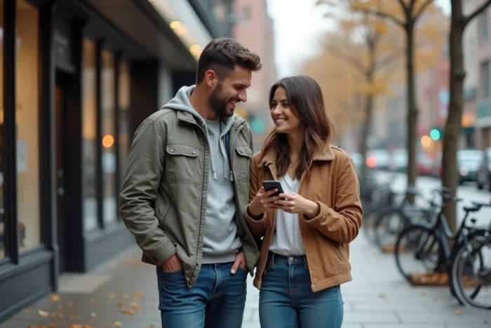 Homme et femme riant ensemble dans la rue en regardant un téléphone, scène illustrant l'ambiguïté entre amitié et séduction