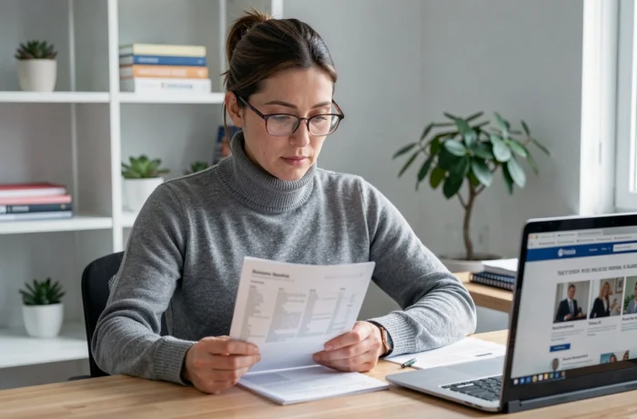 Femme professionnelle consultant un annuaire d'entreprises en ligne depuis son bureau à domicile, recherche de prestataires fiables sur le web