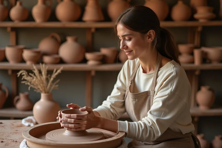 Femme adulte en tablier en lin façonnant un bol en argile sur un tour de poterie dans un atelier artisanal rustique