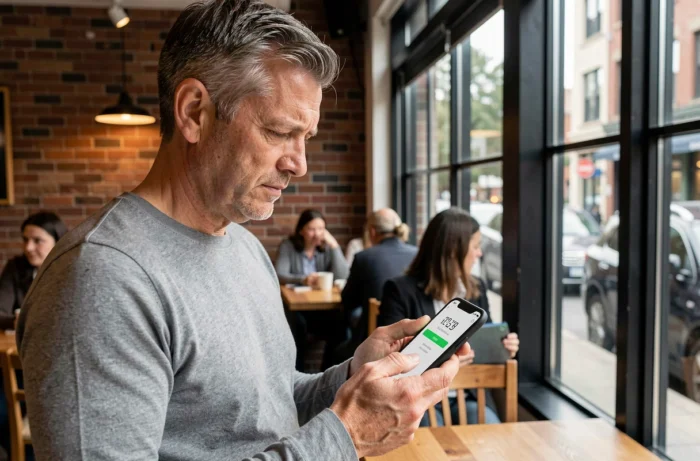 Homme utilisant l'authentification à deux facteurs sur son smartphone dans un café pour sécuriser ses données personnelles