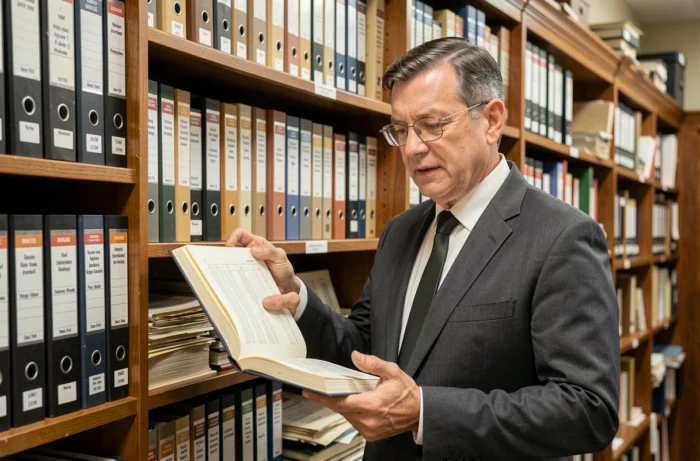 Avocat consultant un registre officiel dans une salle d'archives juridiques remplie de classeurs réglementaires