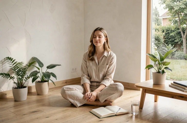 Femme sereine assise en tailleur dans un salon minimaliste entouré de plantes, symbolisant l'équilibre et le bien-être au quotidien