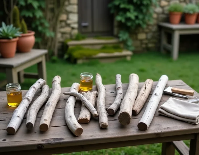 Collection de pièces de bois flotté traitées à l'huile naturelle disposées sur une table en bois dans un jardin rustique