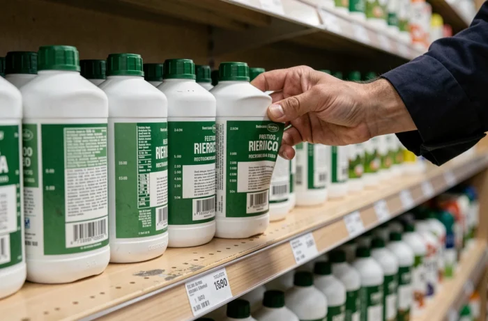 Bottiglie di glyphosate 360 sugli scaffali di una cooperativa agricola portoghese con etichette regolamentari