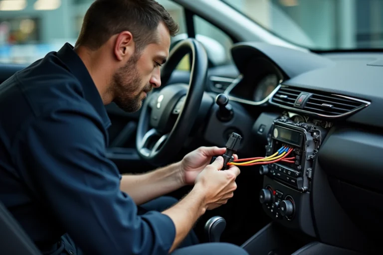 Technicien branchant le câblage d'un autoradio Peugeot en identifiant les couleurs de fils du faisceau