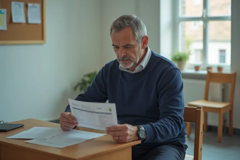 Homme en foyer résidence consultant ses documents de calcul des droits chômage Pôle emploi