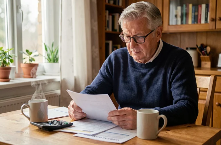 Retraité de 62 ans consultant ses documents de pension et calculant sa retraite à 2500 euros nets par mois à la table de sa cuisine