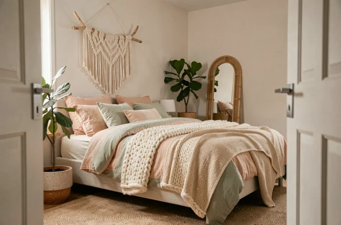 Chambre apaisante décorée dans le style sérotonine avec literie en lin, plantes vertes et accessoires en rotin naturel