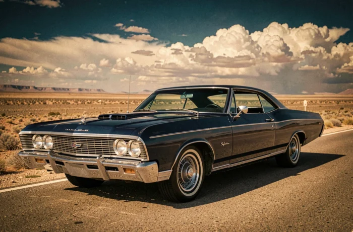 Chevrolet Impala 1967 bleu nuit garée sur une route désertique américaine, vue grand angle en contre-plongée mettant en valeur ses lignes iconiques et ses chromes étincelants