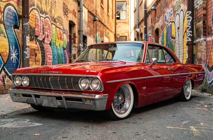 Chevrolet Impala lowrider rouge 1964 dans une ruelle urbaine de Los Angeles avec des fresques murales colorées, vue trois quarts avant au ras du sol