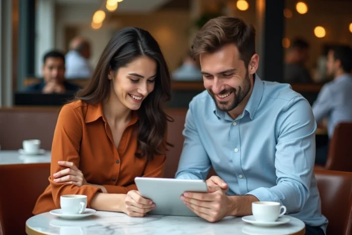 Deux professionnels collaborant autour de ressources en ligne pour booster leur business dans un café moderne