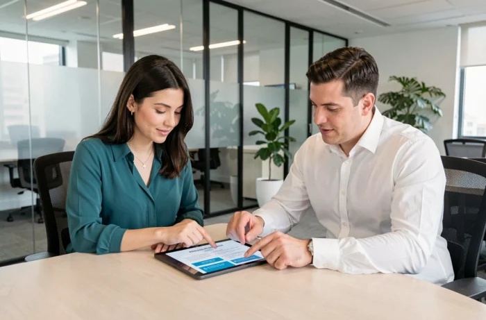 Deux collègues en entreprise discutant des bonnes pratiques de cybersécurité et de protection des données sur une tablette numérique