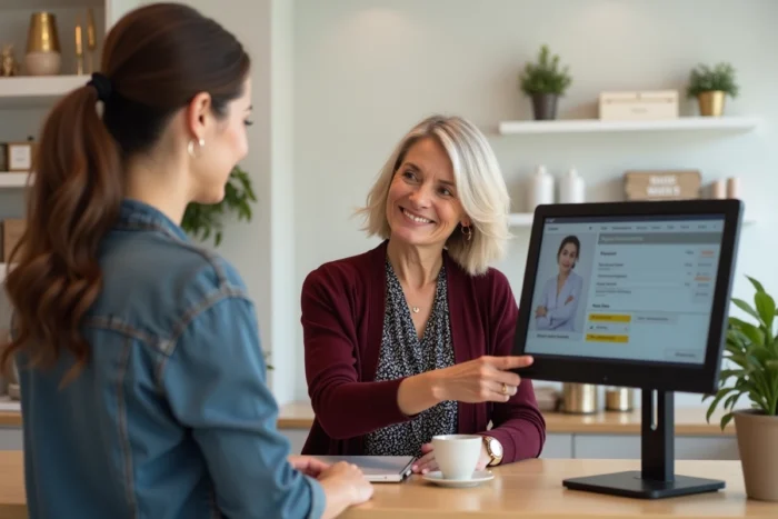 Propriétaire de commerce montrant un outil de prise de rendez-vous en ligne à un client à l'accueil