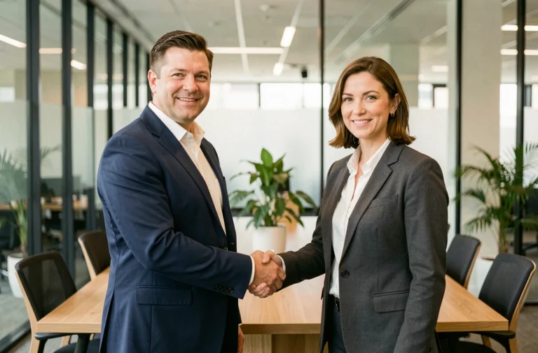 Poignée de main professionnelle entre deux dirigeants d'entreprise dans un bureau moderne, symbole de confiance et de partenariat professionnel