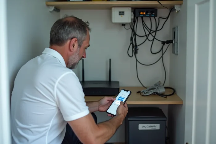 Homme configurant un routeur domestique en accédant à la page de connexion 192.168.1.1 depuis un smartphone