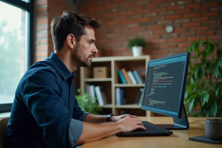 Homme connecté à l'interface de routeur 192.168.1.1 via un navigateur web sur un ordinateur portable à son bureau