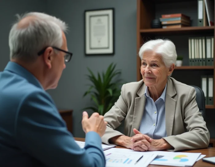 Femme retraitée en consultation avec un conseiller financier dans un bureau professionnel