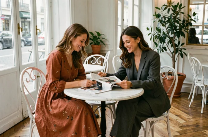 Deux femmes stylées consultant un magazine de mode dans un café parisien élégant, conseils tendances et looks complémentaires