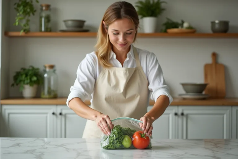 Femme en tablier de lin plaçant des légumes frais dans un sac de conservation sous vide dans une cuisine moderne