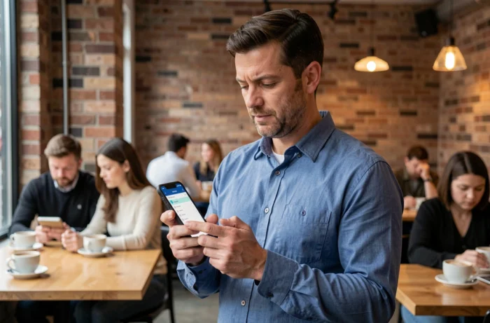 Homme consultant un annuaire de particuliers sur smartphone dans un café
