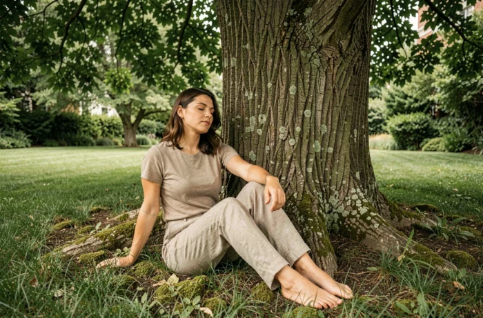Femme assise pieds nus contre un arbre dans un jardin verdoyant, illustrant le contact avec la nature comme levier de récupération sous-estimé