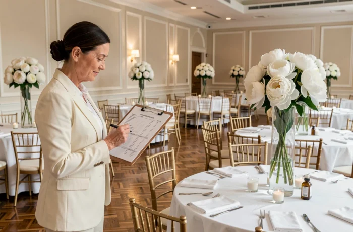 Coordinatrice de mariage professionnelle vérifiant le planning dans une salle de réception élégante décorée de pivoines blanches et de chaises dorées
