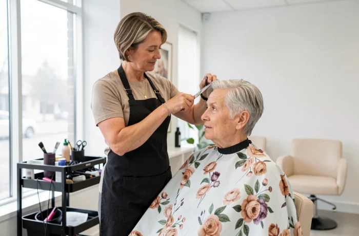 Coiffeuse professionnelle réalisant une coupe courte sur une cliente senior en salon, transformation du carré long
