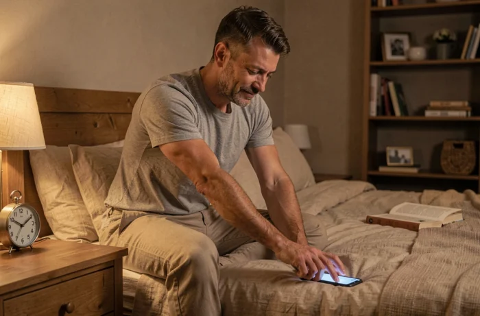 Homme posant son téléphone sur une table de nuit à 21h dans une chambre apaisante, symbolisant la coupure des écrans pour préserver le sommeil