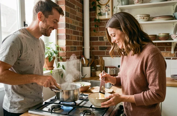 Couple cuisinant ensemble dans une cuisine d'appartement chaleureuse, partageant un moment convivial autour d'un repas maison