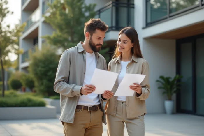 Couple examinant des documents de location devant un immeuble résidentiel moderne en milieu urbain