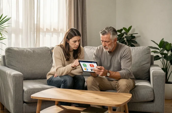 Couple évaluant ensemble la fiabilité d'une plateforme d'achat en ligne sur une tablette