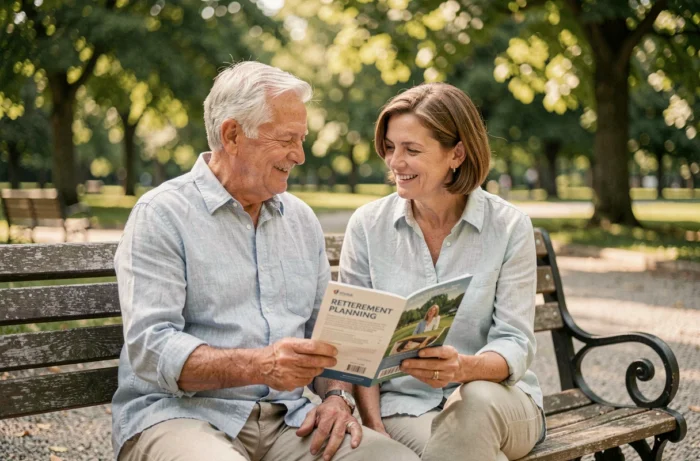 Couple de retraités dans un parc discutant de leur budget de retraite et de leurs revenus futurs autour d'une brochure financière