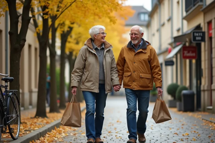 Couple de retraités de 60 ans se promenant dans une rue pavée d'une ville de province française en automne
