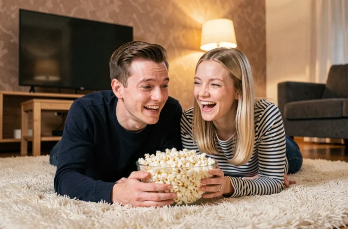 Couple allongé sur un tapis regardant une série ensemble avec du popcorn dans un appartement moderne