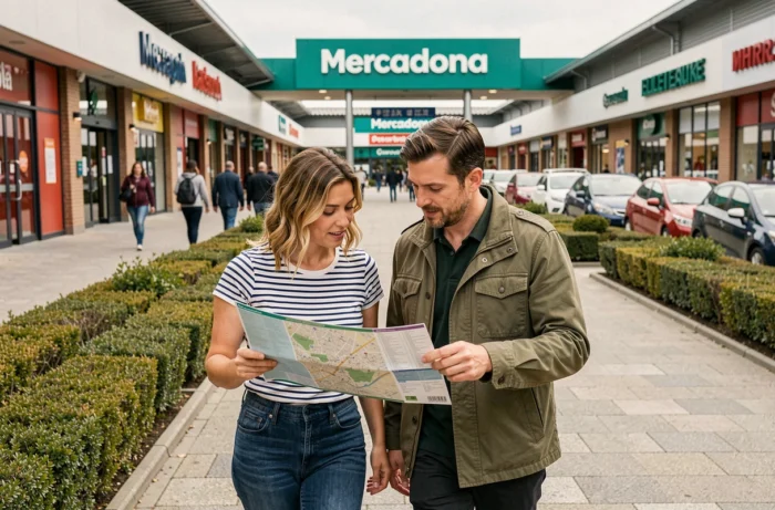Couple consultant un plan de zone commerciale pour trouver un magasin Mercadona en France
