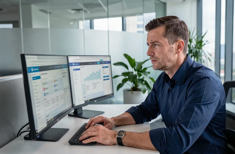 Courtier en assurance comparant des plateformes extranet sur deux écrans dans un bureau moderne