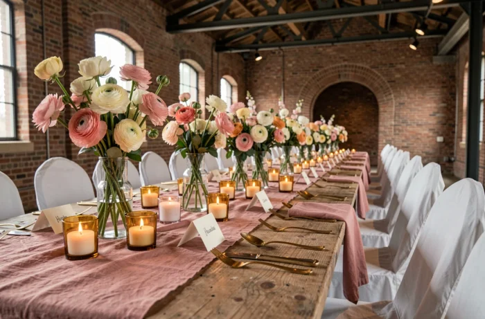 Table de réception de mariage dressée dans un loft industriel avec murs en briques, runner en lin rose poudré, roses fraîches et bougies en verre ambré