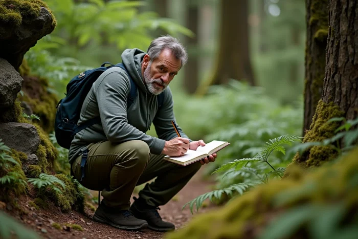 Homme adulte en vêtements de randonnée dessinant des plantes dans un carnet de terrain au milieu d'une forêt verdoyante