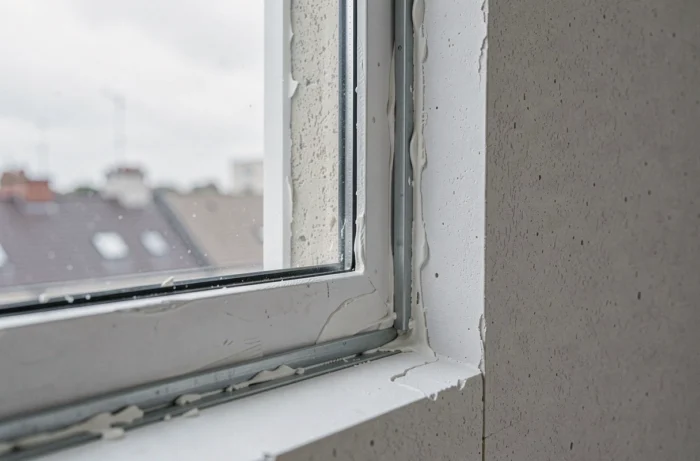 Détail de joints et bandes de placo posés autour d'un encadrement de fenêtre intérieure
