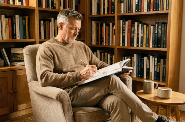Homme concentré sur un livre ou carnet dans un fauteuil de lecture à domicile, illustrant le temps consacré à un apprentissage choisi pour le développement personnel
