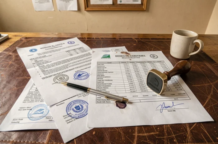 Vue aérienne d'un bureau avec des documents officiels d'immatriculation et de conformité réglementaire d'entreprise