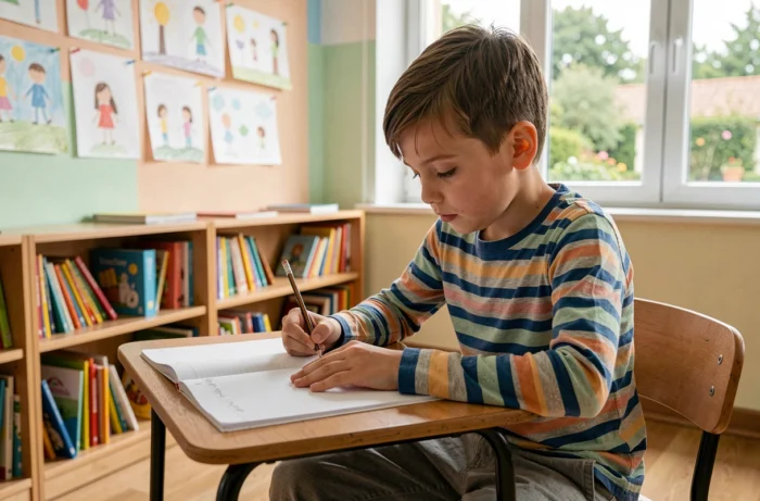Élève de primaire concentré sur son cahier d'exercices dans une salle de classe colorée en France
