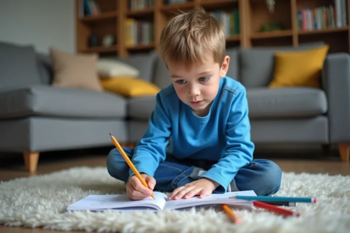 Jeune garçon faisant ses devoirs à domicile sur le sol du salon dans le cadre d'une instruction en famille