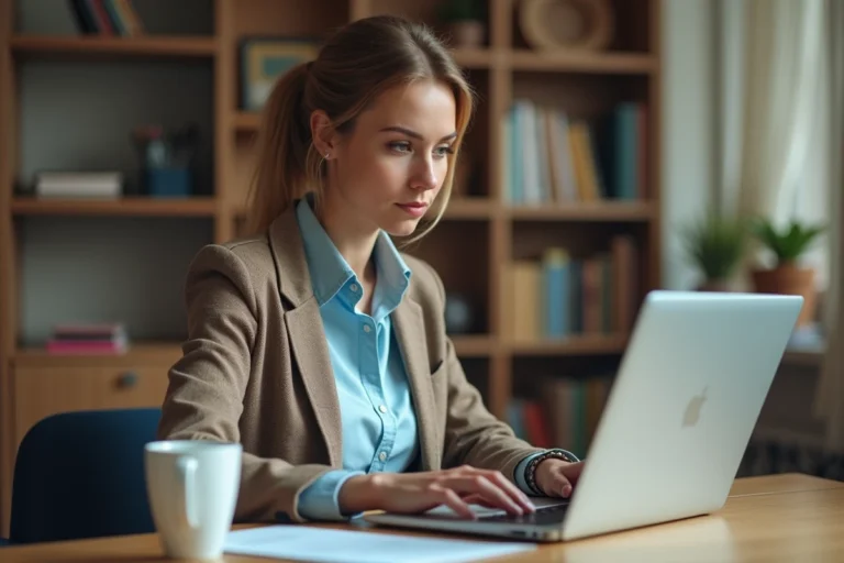 Enseignante connectée à un portail éducatif Iprof sur son ordinateur portable dans une salle des professeurs
