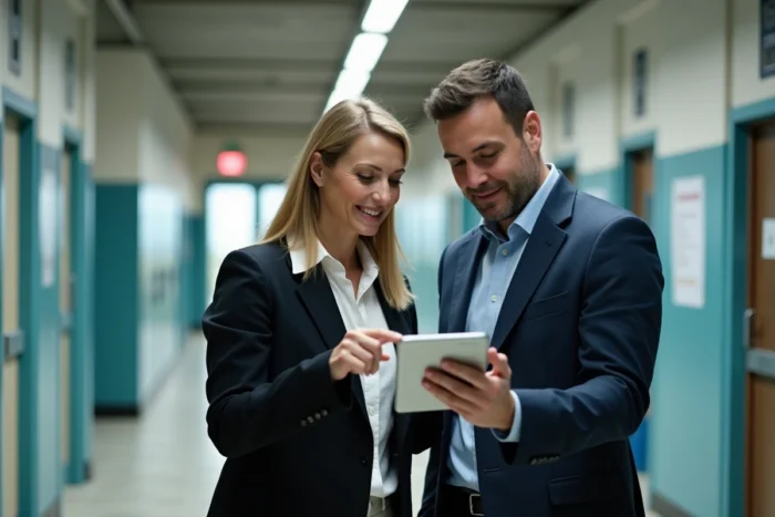 Deux enseignants consultant ensemble le portail Iprof Versailles sur une tablette dans un couloir d'école