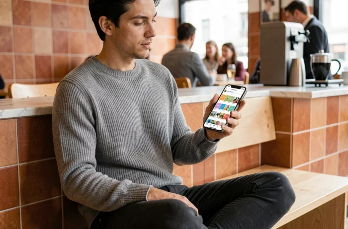 Jeune entrepreneur consultant un calendrier de contenu sur réseaux sociaux dans un café urbain tendance